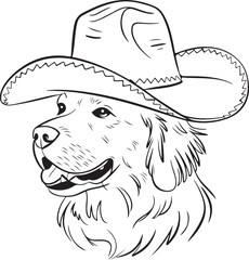 Golden Retriever in Cowboy Hat Line Art silhouette Illustration for Coloring | Line art drawing of a golden retriever dog wearing a cowboy hat, perfect for coloring books or creative projects.