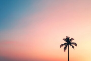 Obraz premium A solitary palm tree stands tall amidst a breathtaking tropical sky at sunrise, where vibrant orange and pink hues blend into the blue horizon for a serene backdrop