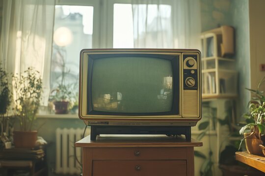 A retro TV set with static on the screen, sitting on a wooden stand, the scene filled with nostalgia and the charm of classic television. The TV captures a moment from the past.