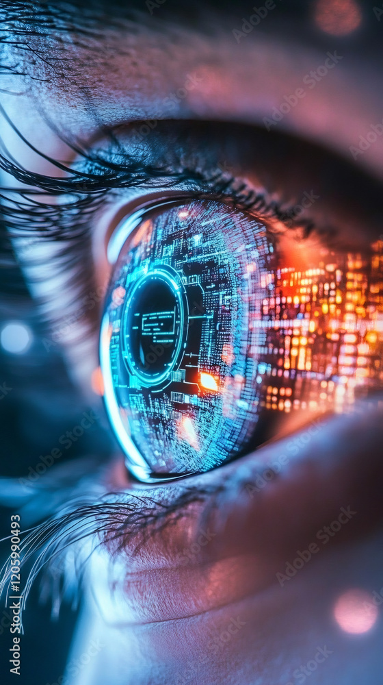 Aufkleber human eye mirroring high-tech interface, revealing digital data transformation, neural networks, aug