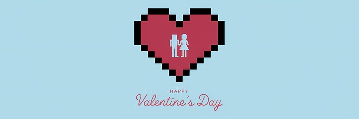 A creative minimalist Valentine's Day poster design with a pixel theme. The poster features a large red heart with a white border. Inside the heart, there's a silhouette of a couple holding hands