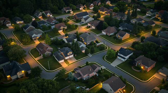 Aerial View of Suburban Neighborhood with Streetlights Illuminating Quiet Night