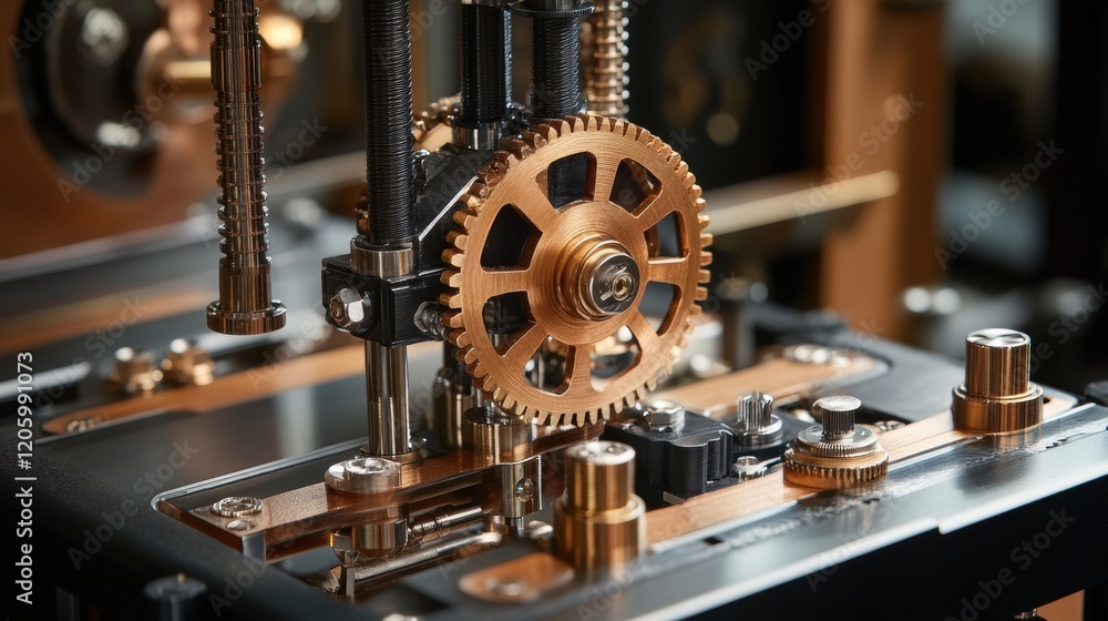 Poster polished copper gear rotating smoothly within a complex assembly of machinery, showcasing precision 