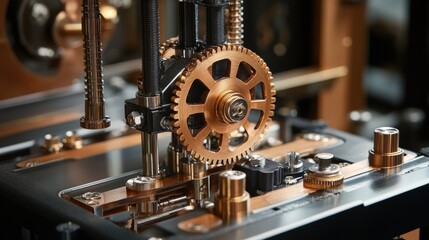 Fototapeta premium Polished copper gear rotating smoothly within a complex assembly of machinery, showcasing precision engineering and industrial mechanics in a close up view