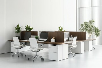 Modern minimalist office workspace with computers and office chairs.
