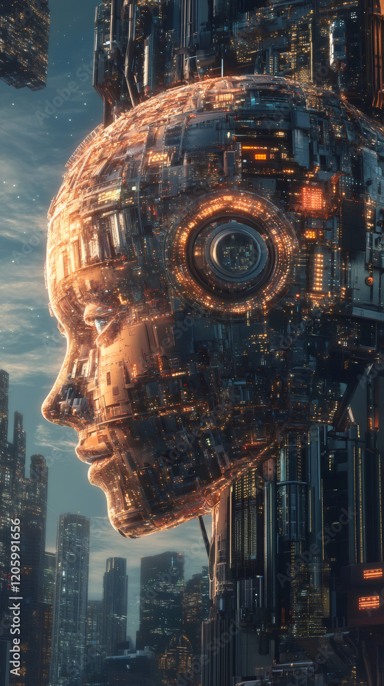 Aufkleber giant cyborg head with glowing circuits emerging from futuristic city at dusk, concept of artificial