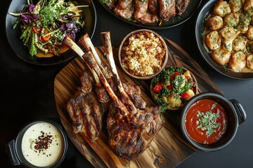 Savory grilled lamb chops served with side dishes at a restaurant