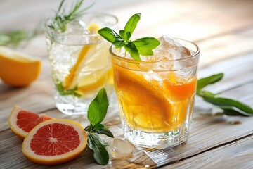 Fototapeta premium Refreshing summer cocktails with citrus and herbs on wooden table