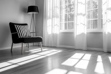 Modern interior with zebra print curtains and black chair in sunlit room.