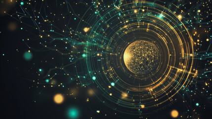 Obraz premium Abstract black background with Colorful circle lines. Digital future technology . Abstract business connection of lines from nodes innovation of communication in the network.