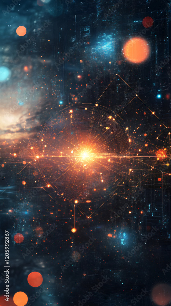 Aufkleber Quantum processor performing complex calculations, visualized with glowing lines, nodes, and a bokeh effect, representing the power of futuristic technology