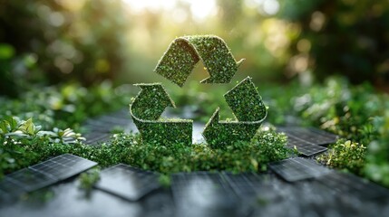 A green recycling symbol surrounded by lush plants and solar panels, promoting sustainability.