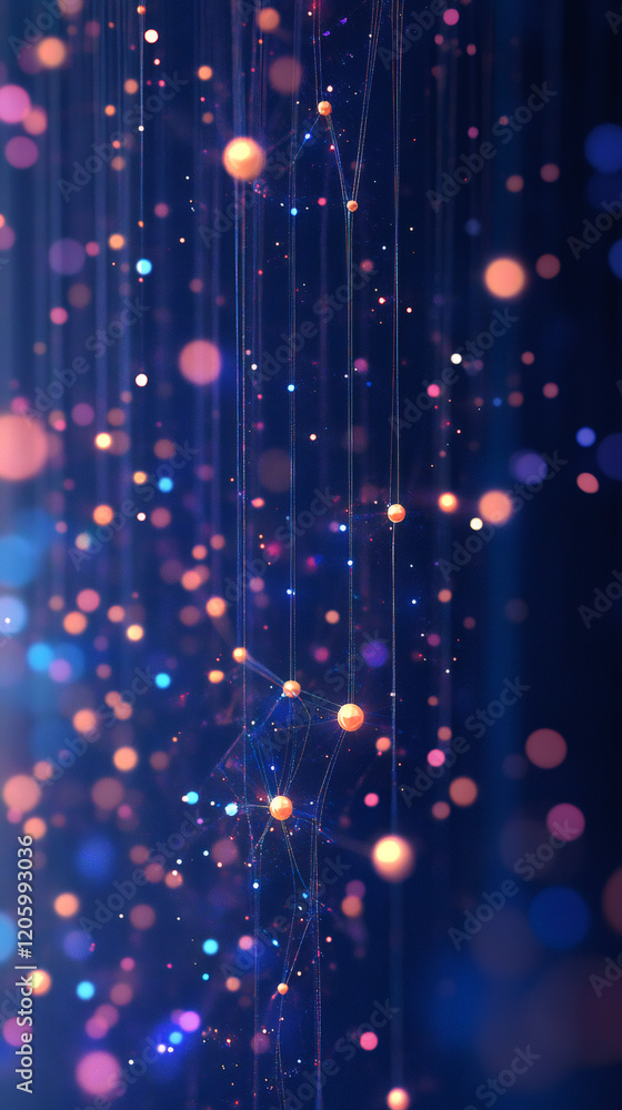 Poster abstract representation of interconnected glowing particles hanging from the top, creating a network