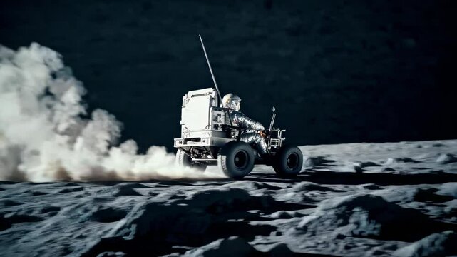Astronauts driving buggies in a daring race across the moon's barren terrain