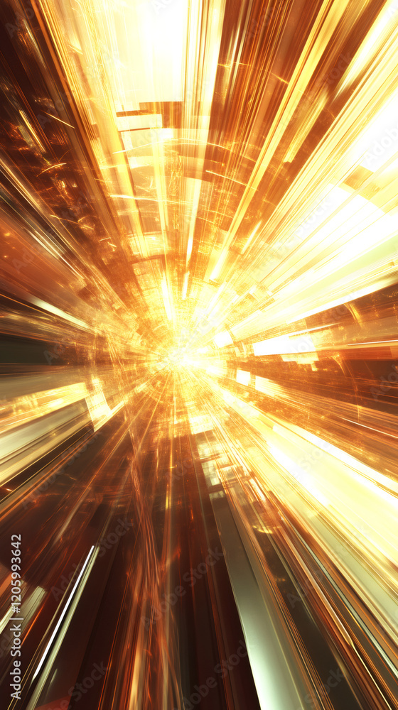 Poster Abstract golden light beams exploding from a bright center in a futuristic tunnel, creating a powerful visual effect