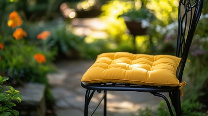 Vibrant yellow quilted chair pad on outdoor metal chair in garden setting.