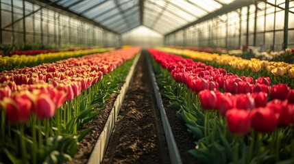 Greenhouse with rows of red, yellow, and pink tulips under soft sunlight, showcasing floral cultivation and springtime celebrations

