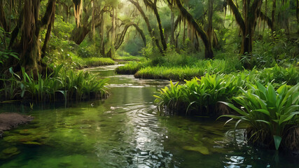 Lush Swamp with Vibrant Greenery and Peaceful Streams, Thriving Ecosystem of Thick Vegetation, Serene Natural Habitat Teeming with Life, Perfect for Nature and Wildlife Themes.