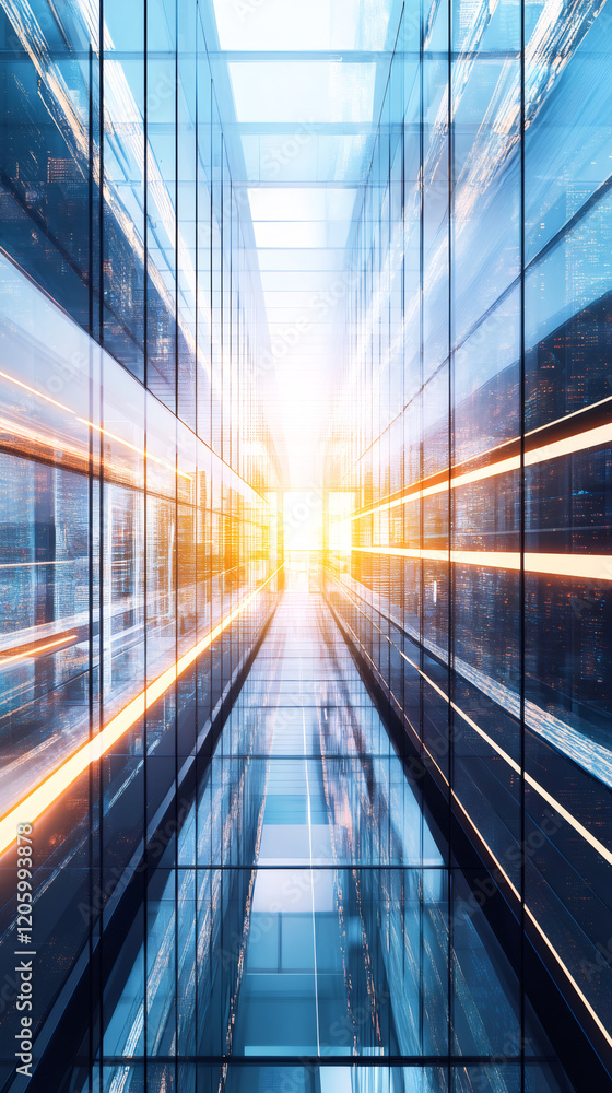 Aufkleber High-tech data center corridor, glowing server racks flanking glass walls, showcasing digital infrastructure and technological precision