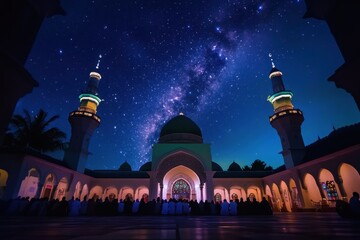 Tranquil night sky illuminates mosque courtyard during Tarawih prayers in Ramadan