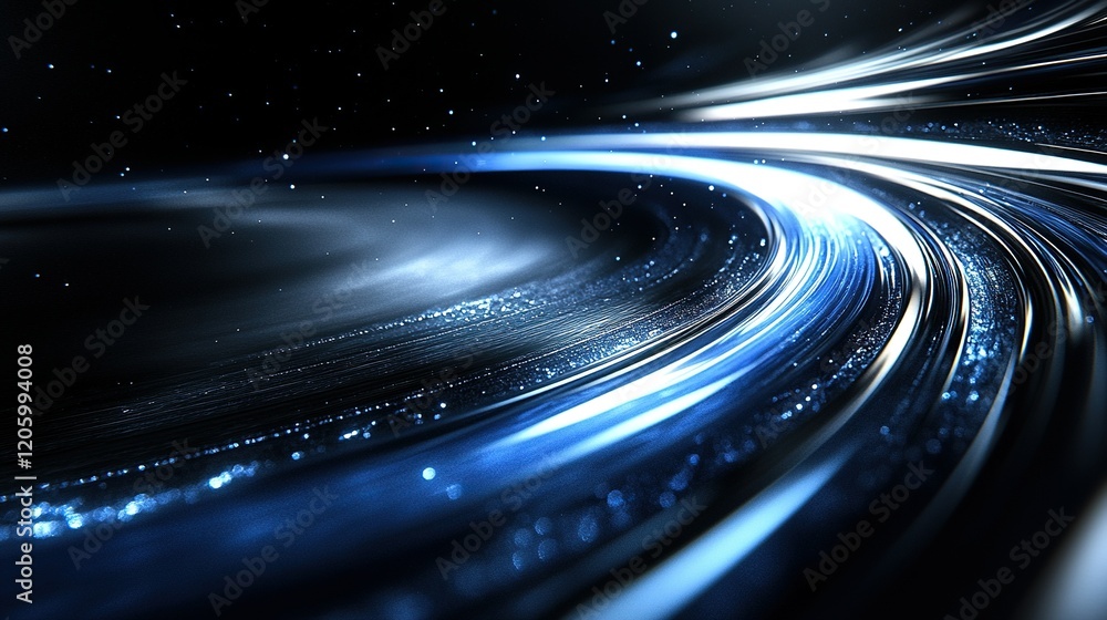 Poster light trails swirling in space with sparkling particles, ideal for tech backgrounds
