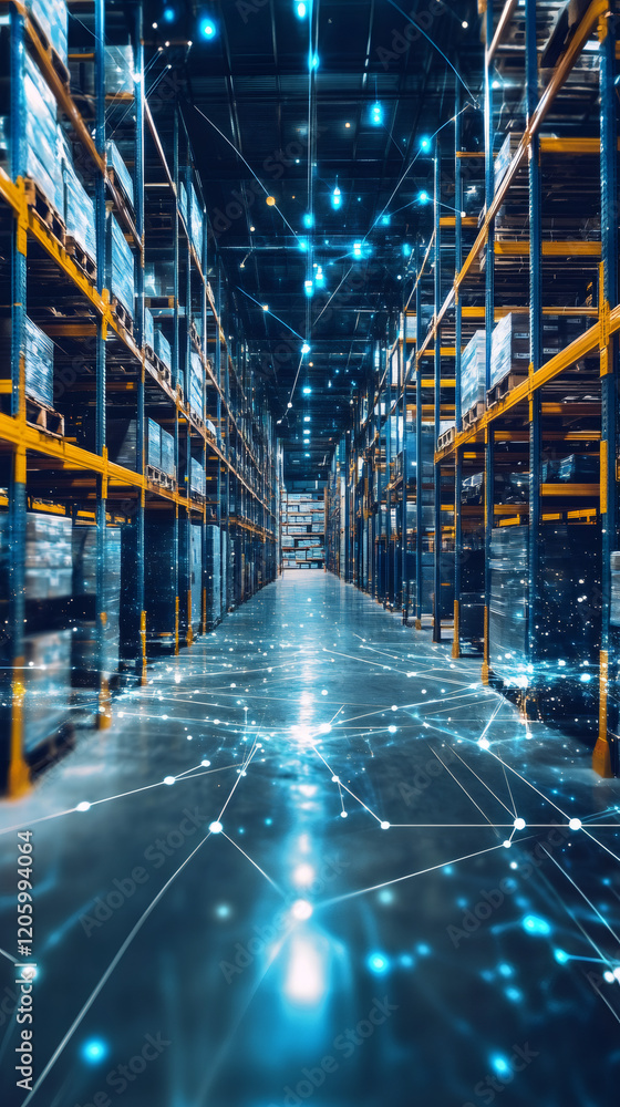 Aufkleber network connections illuminating a warehouse, symbolizing the integration of technology in logistics