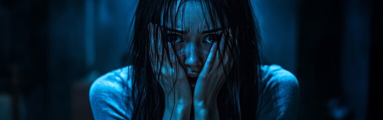 A woman in distress with her face covered, symbolizing the struggles of abuse, fear, and trauma. Ideal for awareness campaigns, human rights, and advocacy content.