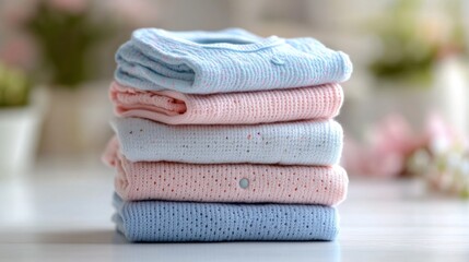 Stack of assorted baby clothes including onesies shirts and pants neatly folded in a nursery setting
