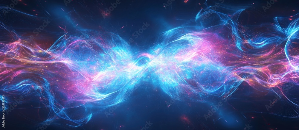 Poster electric blue and pink abstract digital pattern with flowing light and particle effect