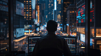 Silhouette of Person Analyzing Stock Market Data in Bustling Cityscape at Night