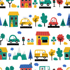 Seamless vector pattern with cute childish cars in city. Drawing for children's textiles with auto transports, houses, trees  for boys. Kids car background. Scandinavian style