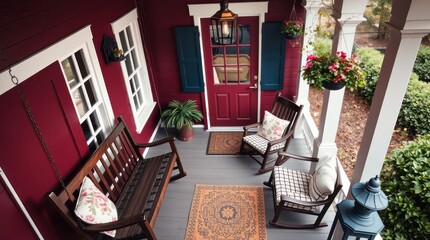 Old house with a balcony, flowers, and classic interior design including furniture, chandelier, and fireplace