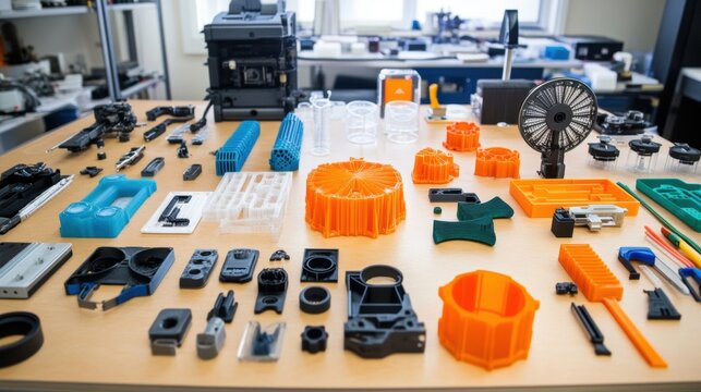 Various colorful 3d printed prototypes are neatly arranged on a table in a manufacturing laboratory, showcasing the diversity and precision of additive manufacturing technology