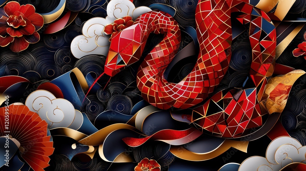 Aufkleber creative snake design featuring red geometric patterns and floral elements for year of the snake cel