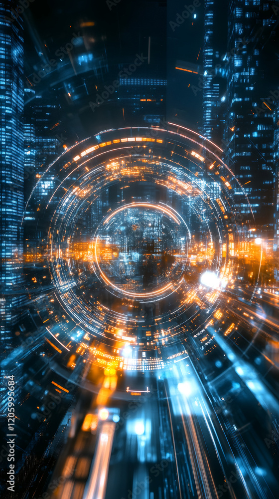 Poster Glowing circular digital portal with motion blur effect hovering over futuristic cityscape at night
