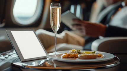 Luxurious air travel experience with champagne and tablet in first class setting