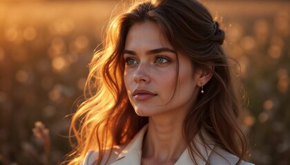 Obraz premium Stunning portrait of a young woman with flowing hair in a sunset field, serene mood 