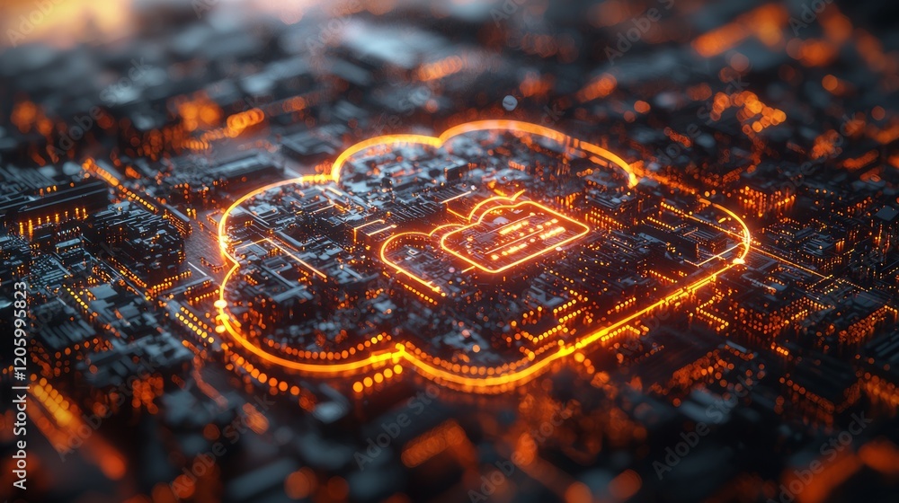 Poster cloud computing circuit board; data processing; futuristic technology; glowing network; digital infr