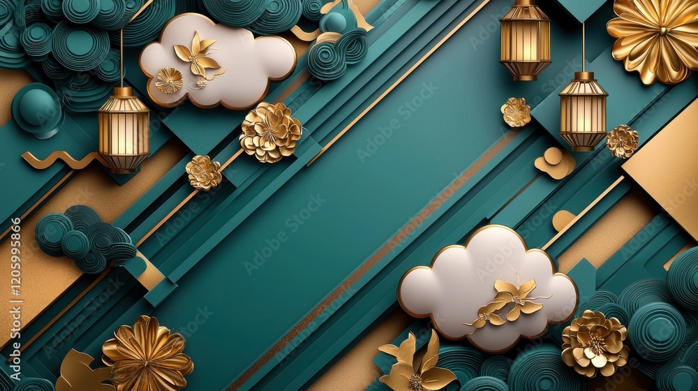 Poster dynamic geometric layout featuring unconventional elements with lanterns and floral accents in rich 