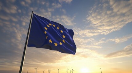 European Union flag waving at sunset with wind turbines in the background, symbolizing sustainability and unity in Europe