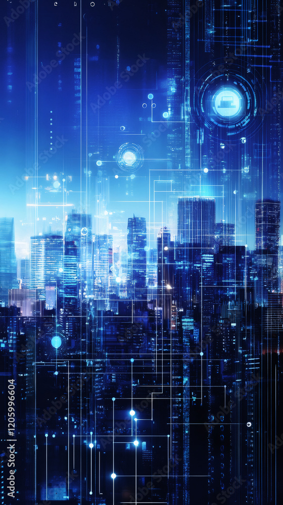 Aufkleber digital lines connecting buildings of a futuristic cityscape, representing data transfer and interne