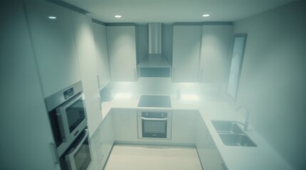 This sentence captures the essence of a modern office interior while incorporating keywords like loft, apartment, parquet, windows, furniture, and minimalist