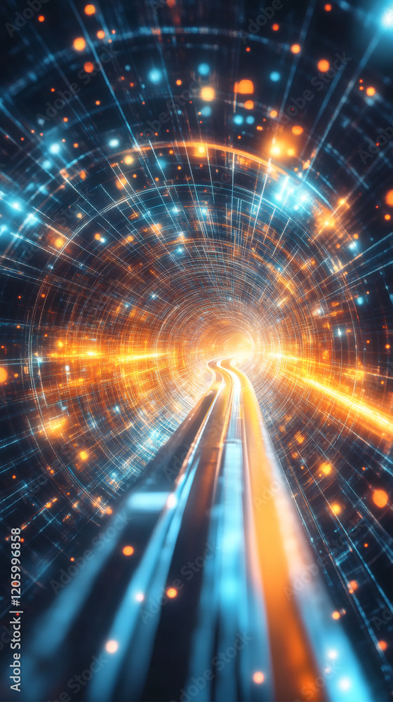 Poster light trails and particles flowing around modern high speed train moving through digital tunnel, big