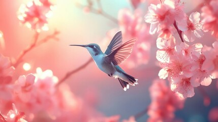 Obraz premium A hummingbird flies near pink flowers.