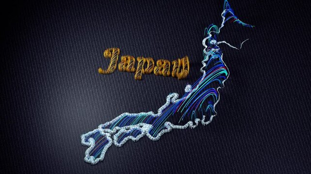3D animation of an embroidered map of Japan. The colorful threads and fabric are shown from various perspectives, with motion effects highlighting the details and the word Japan.