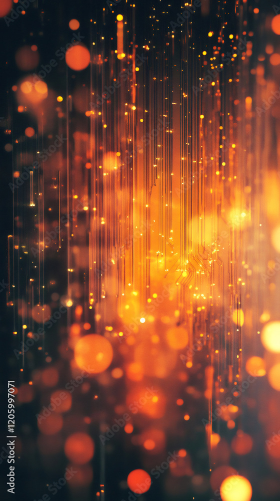 Poster abstract digital background with golden particles flowing like rain with bokeh effect and depth of f