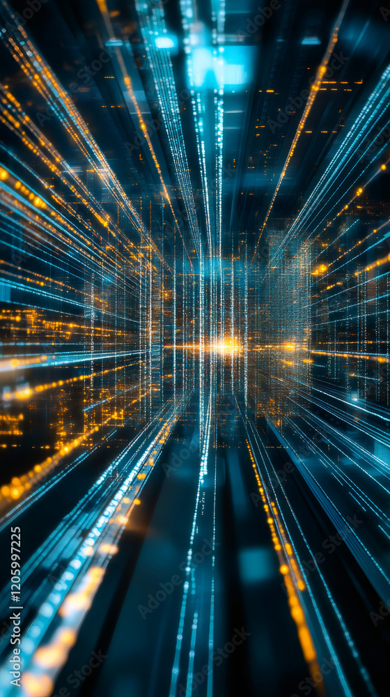 Poster Binary code creating an abstract futuristic server room, representing big data and cloud computing