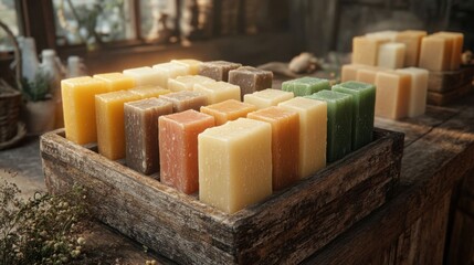 A collection of colorful soaps in a wooden crate.