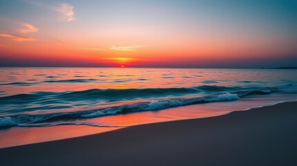 Beautiful orange and red hues paint the sky as the sun dips below the horizon, reflecting on the calm water of the sea at dusk