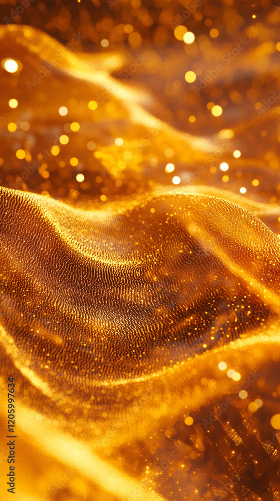Poster golden particles forming wavy lines with a beautiful bokeh effect, ideal for luxury, wealth and eleg